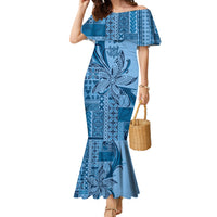 Talofa Samoa Mamanu Siapo Mix Malu Family Matching Mermaid Dress and Hawaiian Shirt Cool Blue Frangipani and Turtles LT7 Mom's Dress Blue - Polynesian Pride