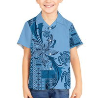 Talofa Samoa Mamanu Siapo Mix Malu Family Matching Off The Shoulder Long Sleeve Dress and Hawaiian Shirt Cool Blue Frangipani and Turtles LT7 Son's Shirt Blue - Polynesian Pride