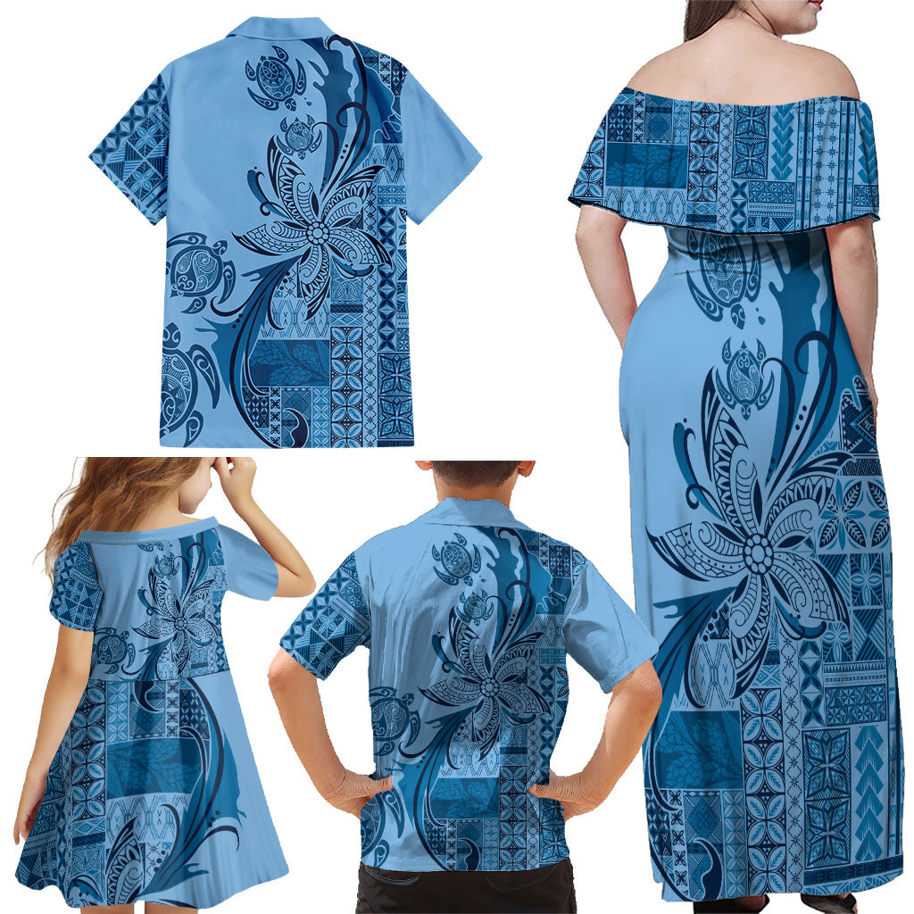 Talofa Samoa Mamanu Siapo Mix Malu Family Matching Off Shoulder Maxi Dress and Hawaiian Shirt Cool Blue Frangipani and Turtles LT7 - Polynesian Pride