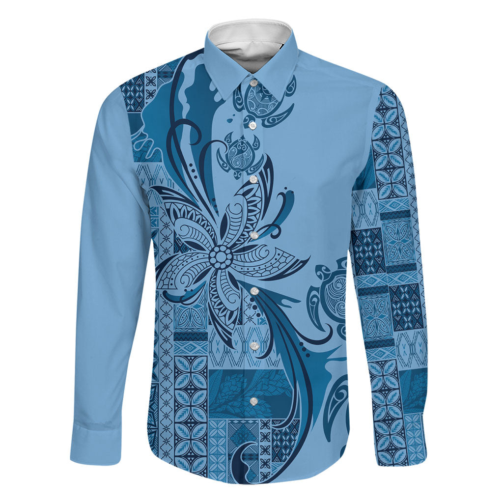 Talofa Samoa Mamanu Siapo Mix Malu Family Matching Off Shoulder Maxi Dress and Hawaiian Shirt Cool Blue Frangipani and Turtles LT7 Dad's Shirt - Long Sleeve Blue - Polynesian Pride