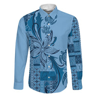 Talofa Samoa Mamanu Siapo Mix Malu Family Matching Off Shoulder Maxi Dress and Hawaiian Shirt Cool Blue Frangipani and Turtles LT7 Dad's Shirt - Long Sleeve Blue - Polynesian Pride