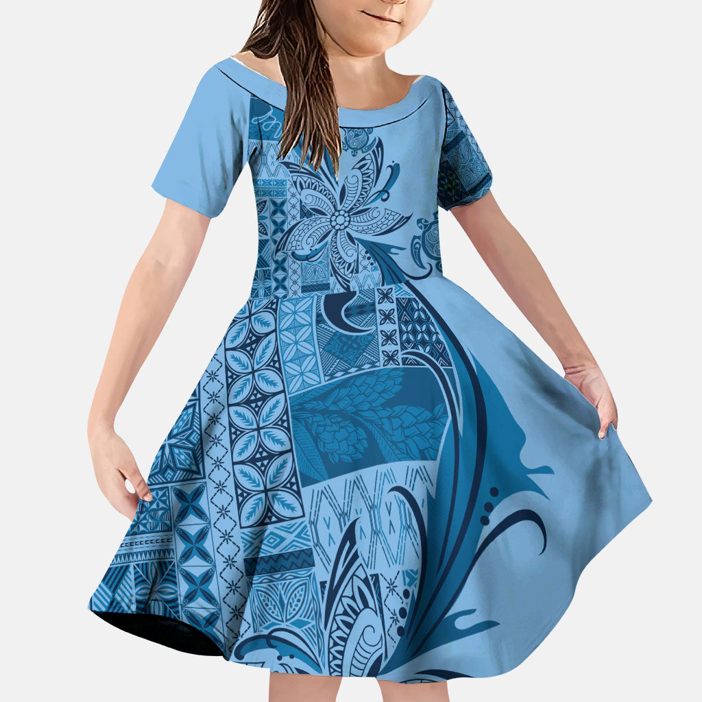 Talofa Samoa Mamanu Siapo Mix Malu Family Matching Off Shoulder Short Dress and Hawaiian Shirt Cool Blue Frangipani and Turtles LT7 Daughter's Dress Blue - Polynesian Pride