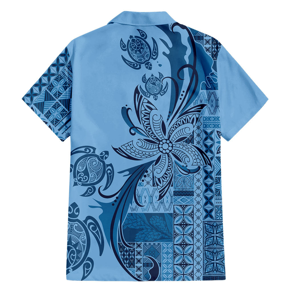 Talofa Samoa Mamanu Siapo Mix Malu Family Matching Short Sleeve Bodycon Dress and Hawaiian Shirt Cool Blue Frangipani and Turtles LT7 - Polynesian Pride