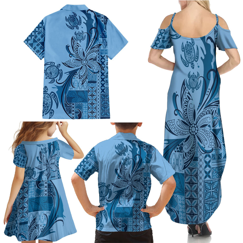 Talofa Samoa Mamanu Siapo Mix Malu Family Matching Summer Maxi Dress and Hawaiian Shirt Cool Blue Frangipani and Turtles LT7 - Polynesian Pride