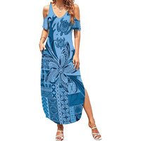 Talofa Samoa Mamanu Siapo Mix Malu Family Matching Summer Maxi Dress and Hawaiian Shirt Cool Blue Frangipani and Turtles LT7 Mom's Dress Blue - Polynesian Pride