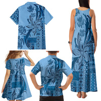 Talofa Samoa Mamanu Siapo Mix Malu Family Matching Tank Maxi Dress and Hawaiian Shirt Cool Blue Frangipani and Turtles LT7 - Polynesian Pride