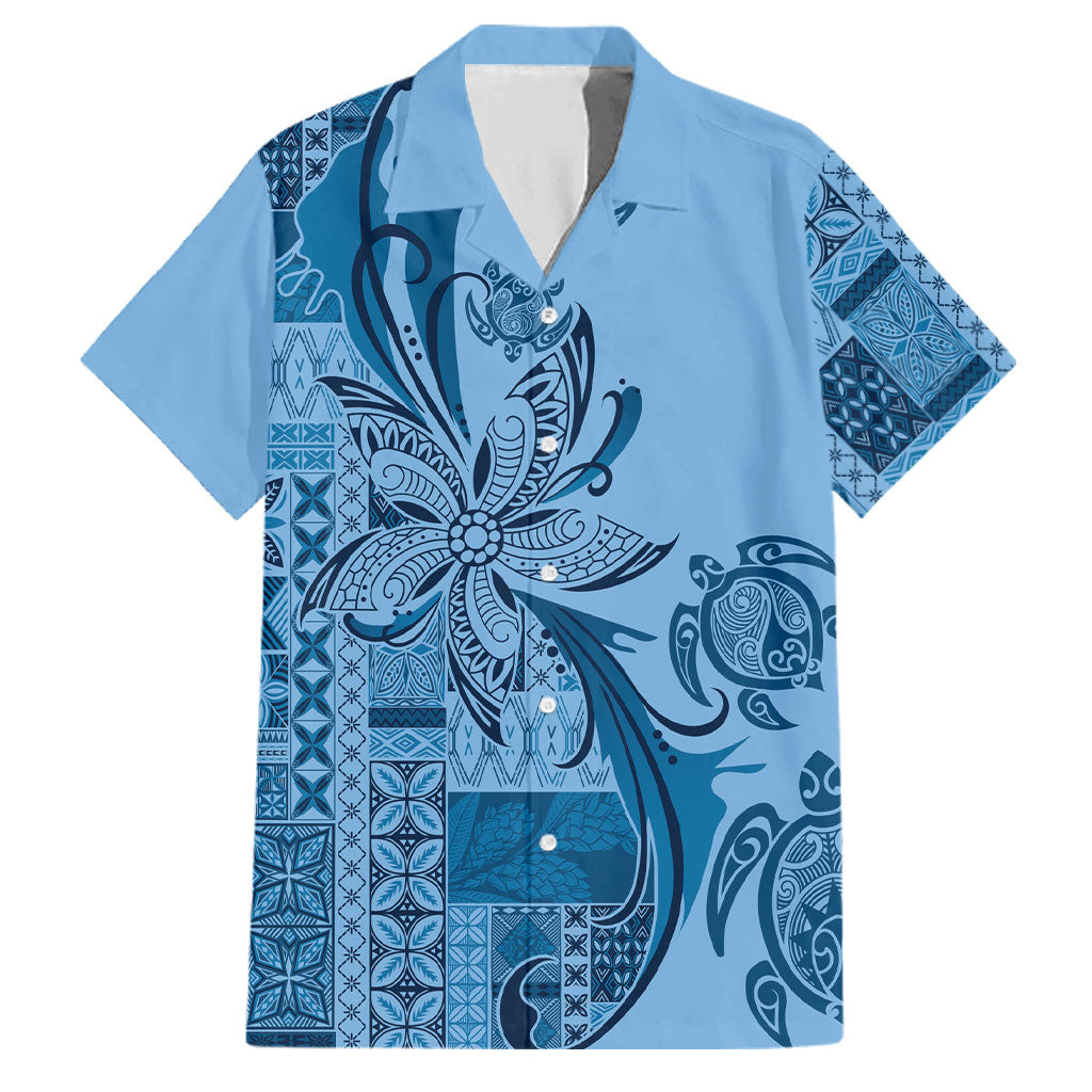 Talofa Samoa Mamanu Siapo Mix Malu Family Matching Tank Maxi Dress and Hawaiian Shirt Cool Blue Frangipani and Turtles LT7 Dad's Shirt - Short Sleeve Blue - Polynesian Pride
