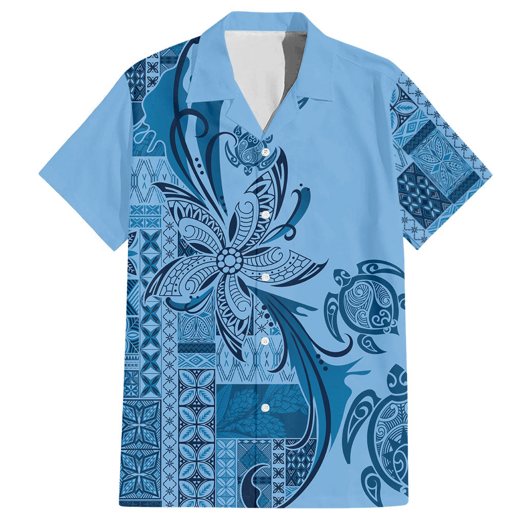 Talofa Samoa Mamanu Siapo Mix Malu Hawaiian Shirt Cool Blue Frangipani and Turtles