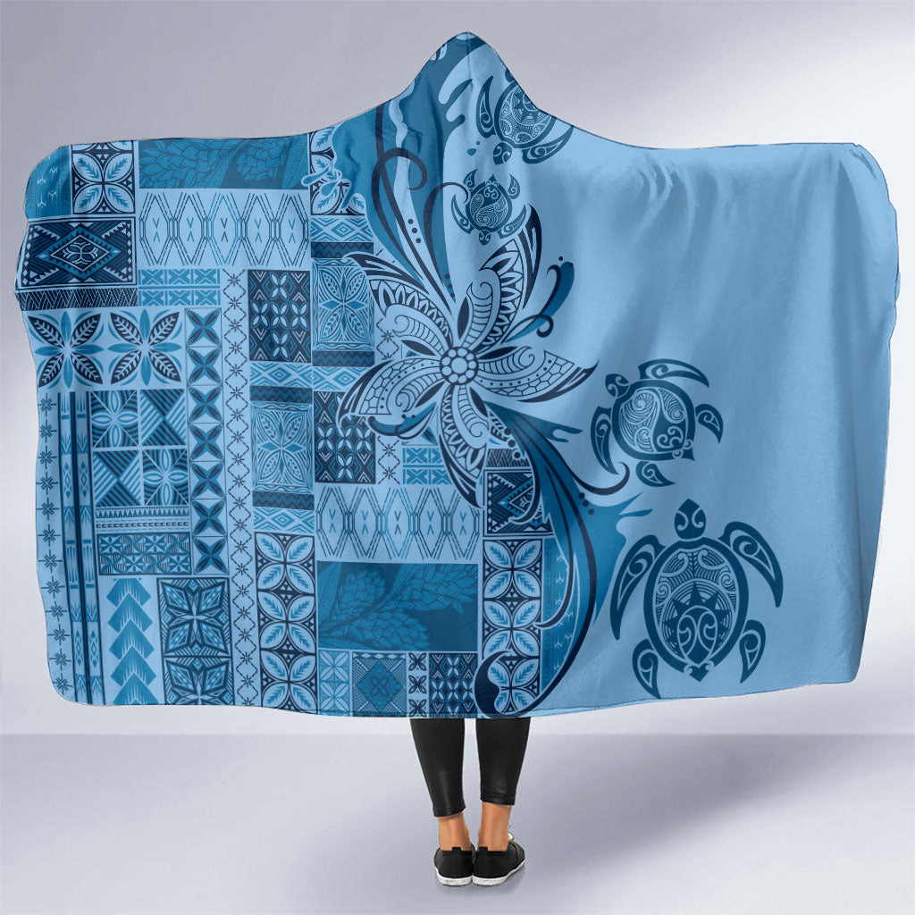 Talofa Samoa Mamanu Siapo Mix Malu Hooded Blanket Cool Blue Frangipani and Turtles LT7 One Size Blue - Polynesian Pride