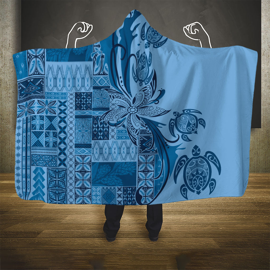 Talofa Samoa Mamanu Siapo Mix Malu Hooded Blanket Cool Blue Frangipani and Turtles LT7 - Polynesian Pride