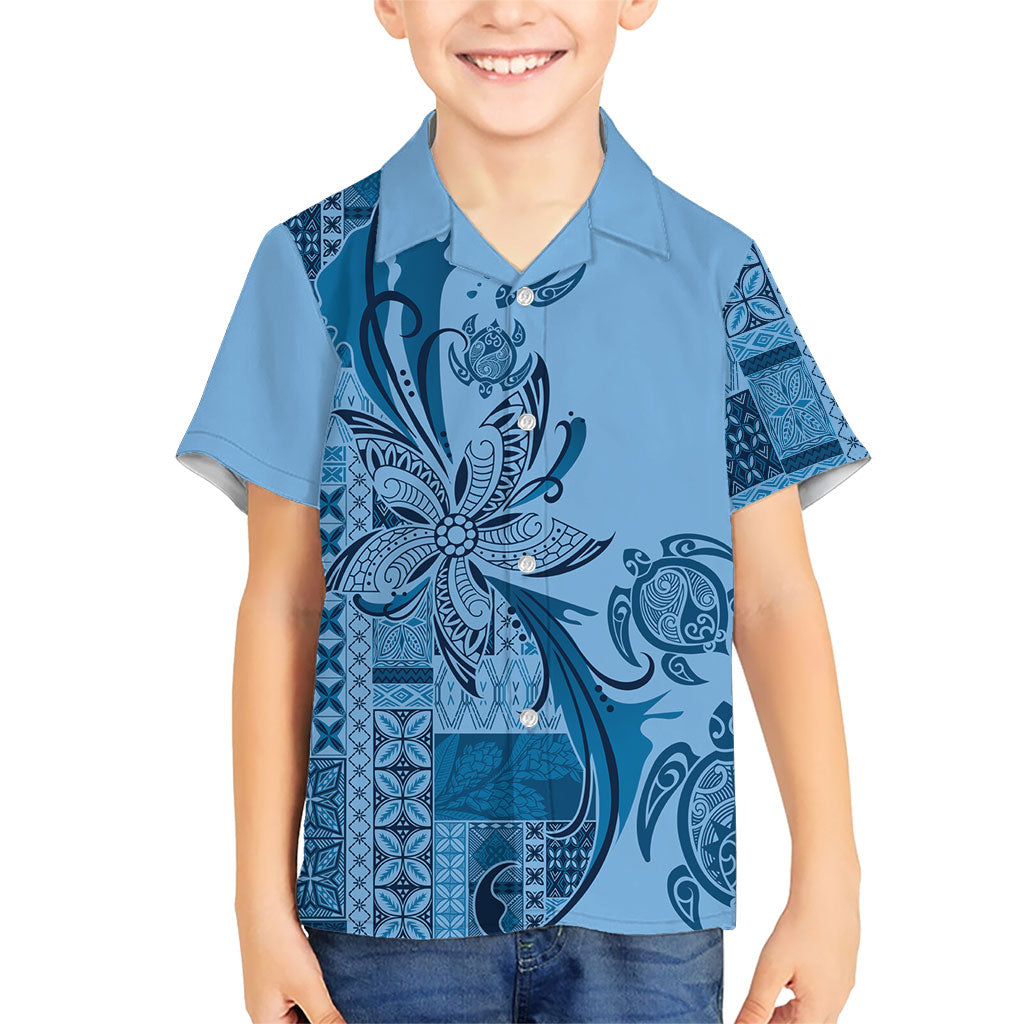 Talofa Samoa Mamanu Siapo Mix Malu Kid Hawaiian Shirt Cool Blue Frangipani and Turtles