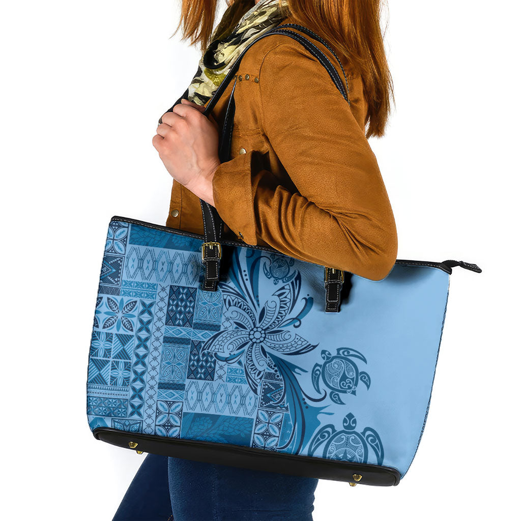 Talofa Samoa Mamanu Siapo Mix Malu Leather Tote Bag Cool Blue Frangipani and Turtles LT7 Blue - Polynesian Pride