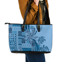 Talofa Samoa Mamanu Siapo Mix Malu Leather Tote Bag Cool Blue Frangipani and Turtles LT7 - Polynesian Pride