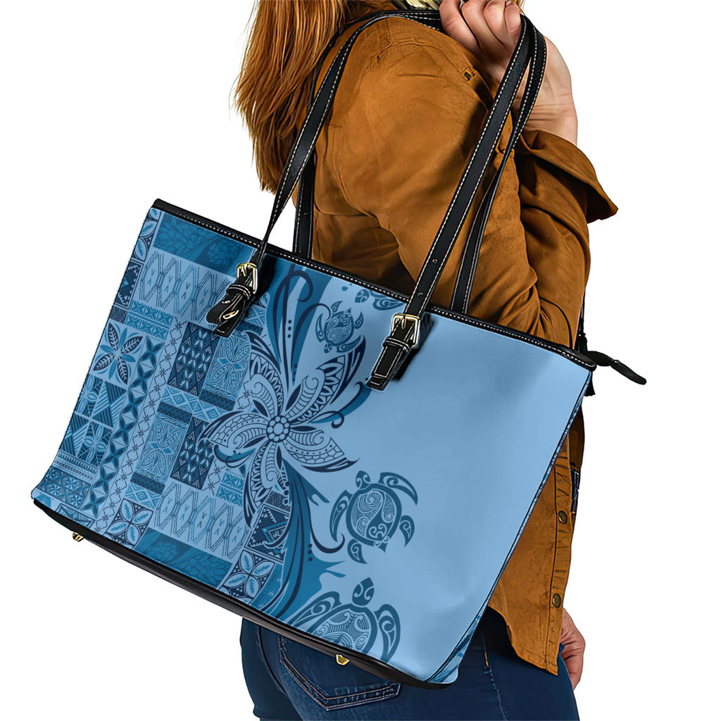 Talofa Samoa Mamanu Siapo Mix Malu Leather Tote Bag Cool Blue Frangipani and Turtles LT7 - Polynesian Pride
