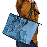 Talofa Samoa Mamanu Siapo Mix Malu Leather Tote Bag Cool Blue Frangipani and Turtles LT7 - Polynesian Pride