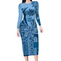Talofa Samoa Mamanu Siapo Mix Malu Long Sleeve Bodycon Dress Cool Blue Frangipani and Turtles LT7 Long Dress Blue - Polynesian Pride