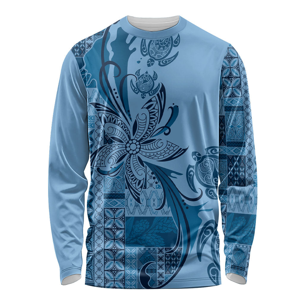 Talofa Samoa Mamanu Siapo Mix Malu Long Sleeve Shirt Cool Blue Frangipani and Turtles
