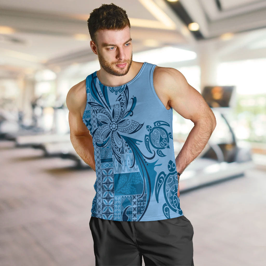 Talofa Samoa Mamanu Siapo Mix Malu Men Tank Top Cool Blue Frangipani and Turtles