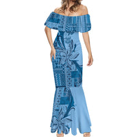 Talofa Samoa Mamanu Siapo Mix Malu Mermaid Dress Cool Blue Frangipani and Turtles
