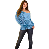 Talofa Samoa Mamanu Siapo Mix Malu Off Shoulder Sweater Cool Blue Frangipani and Turtles LT7 - Polynesian Pride
