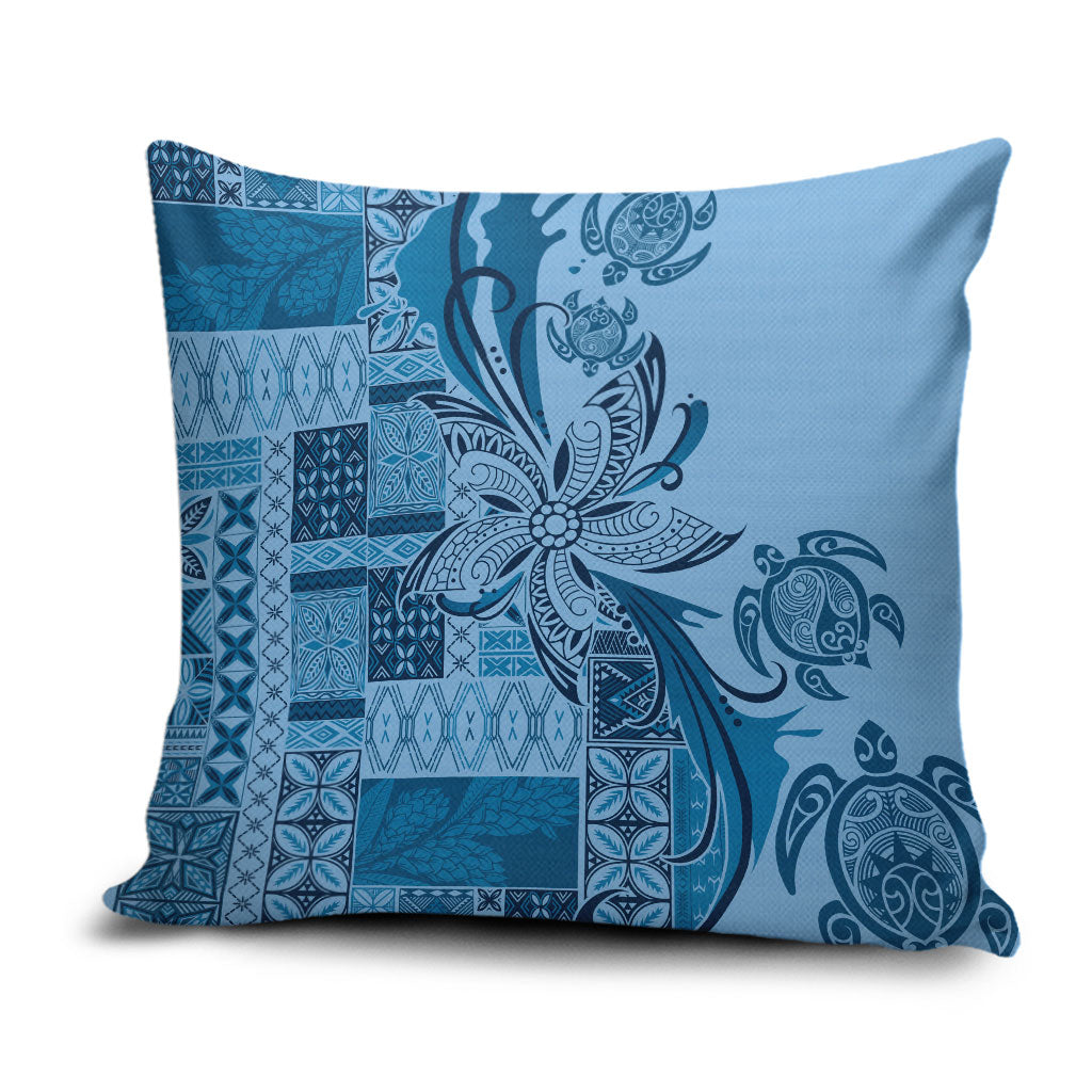 Talofa Samoa Mamanu Siapo Mix Malu Pillow Cover Cool Blue Frangipani and Turtles LT7 Blue - Polynesian Pride