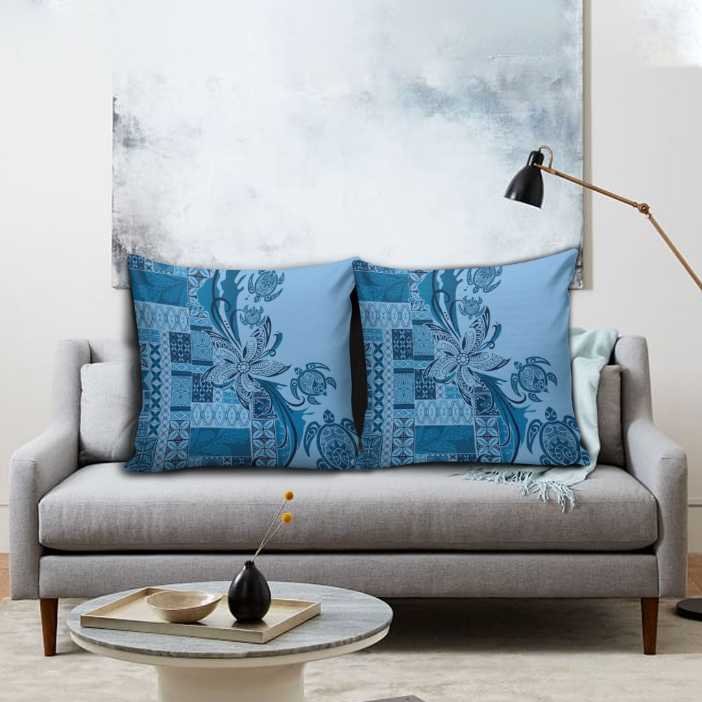 Talofa Samoa Mamanu Siapo Mix Malu Pillow Cover Cool Blue Frangipani and Turtles LT7 - Polynesian Pride