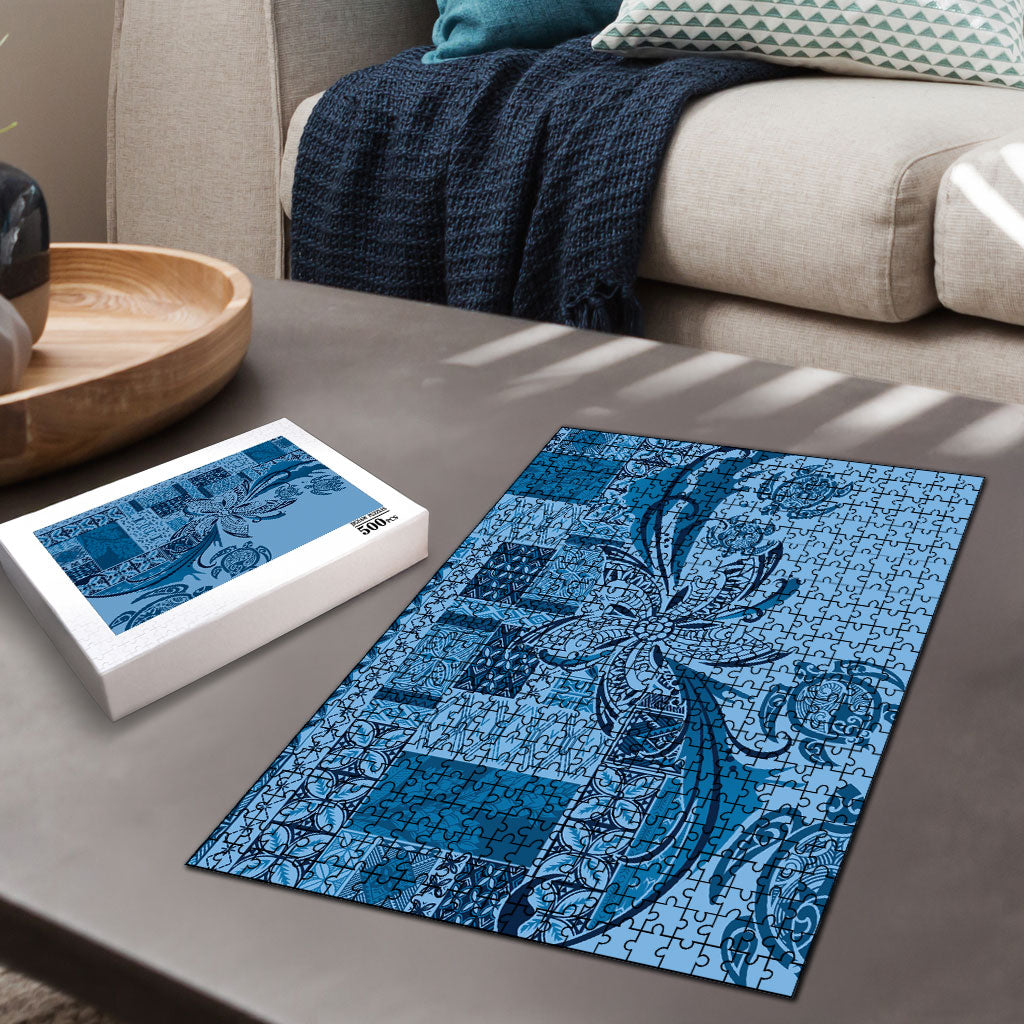 Talofa Samoa Mamanu Siapo Mix Malu Puzzle Cool Blue Frangipani and Turtles