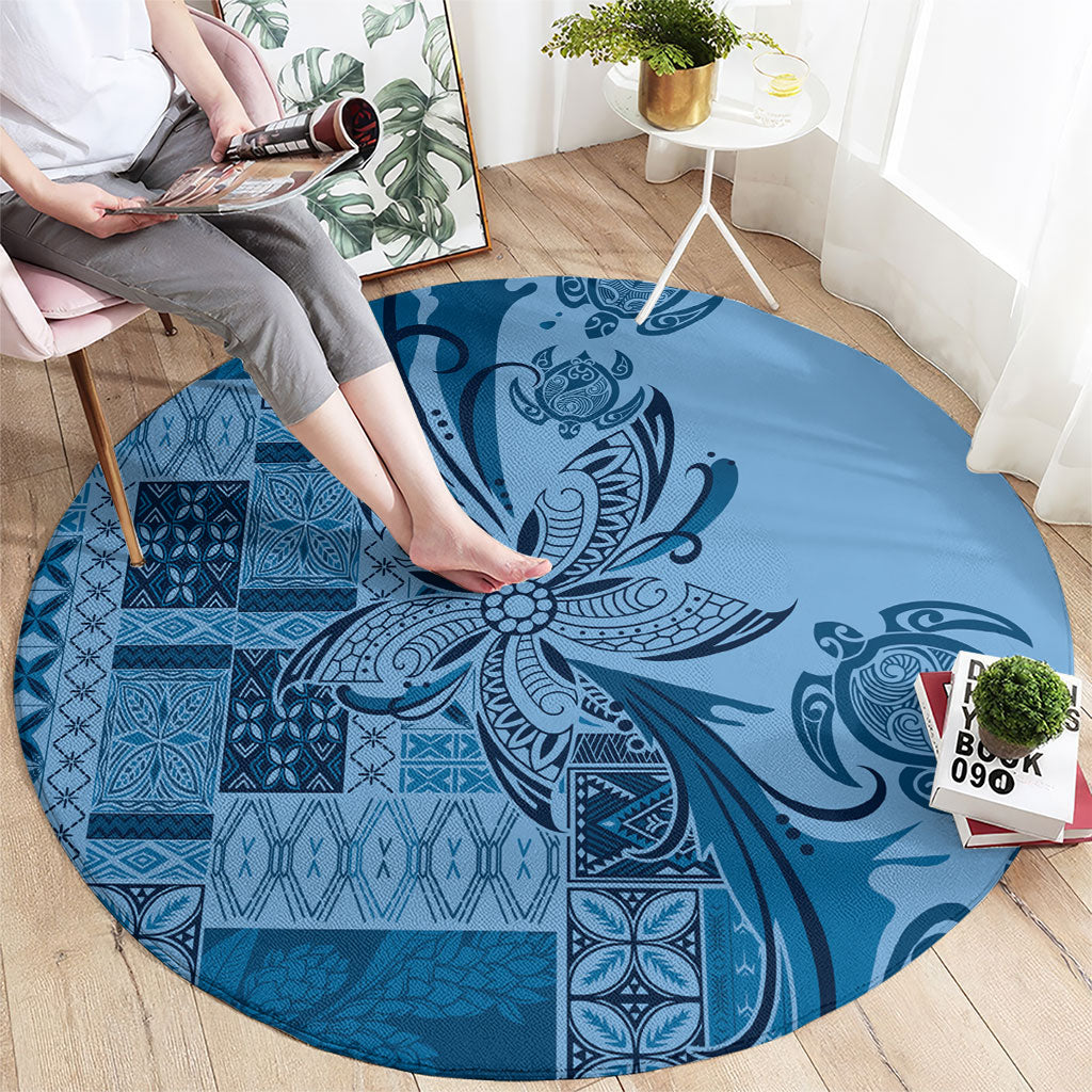 Talofa Samoa Mamanu Siapo Mix Malu Round Carpet Cool Blue Frangipani and Turtles