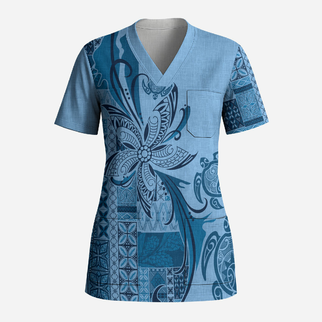 Talofa Samoa Mamanu Siapo Mix Malu Scrub Top Cool Blue Frangipani and Turtles