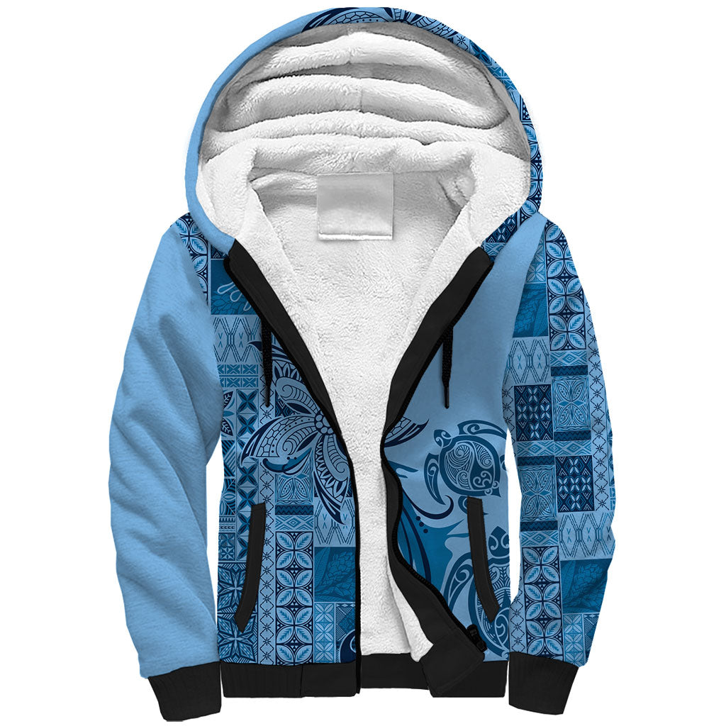 Talofa Samoa Mamanu Siapo Mix Malu Sherpa Hoodie Cool Blue Frangipani and Turtles LT7 Unisex Blue - Polynesian Pride