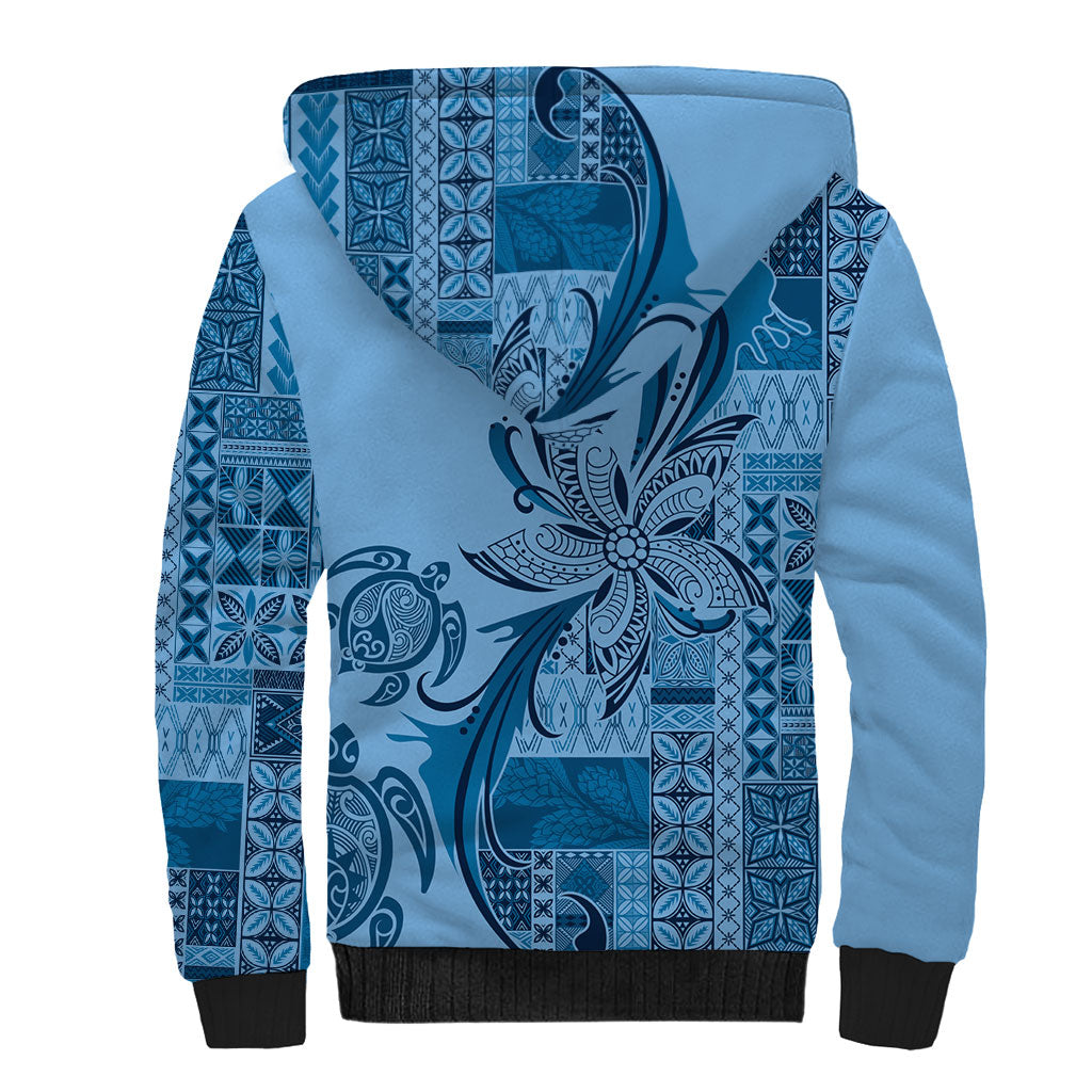 Talofa Samoa Mamanu Siapo Mix Malu Sherpa Hoodie Cool Blue Frangipani and Turtles LT7 - Polynesian Pride