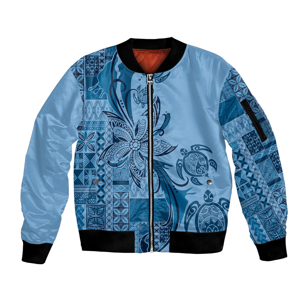 Talofa Samoa Mamanu Siapo Mix Malu Sleeve Zip Bomber Jacket Cool Blue Frangipani and Turtles
