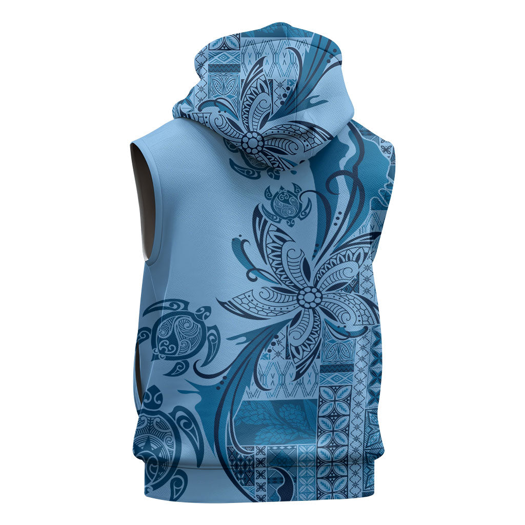 Talofa Samoa Mamanu Siapo Mix Malu Sleeveless Hoodie Cool Blue Frangipani and Turtles LT7 - Polynesian Pride