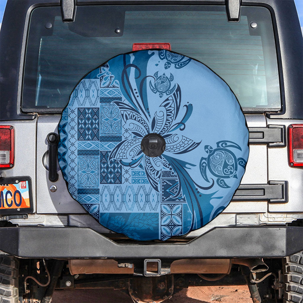 Talofa Samoa Mamanu Siapo Mix Malu Spare Tire Cover Cool Blue Frangipani and Turtles