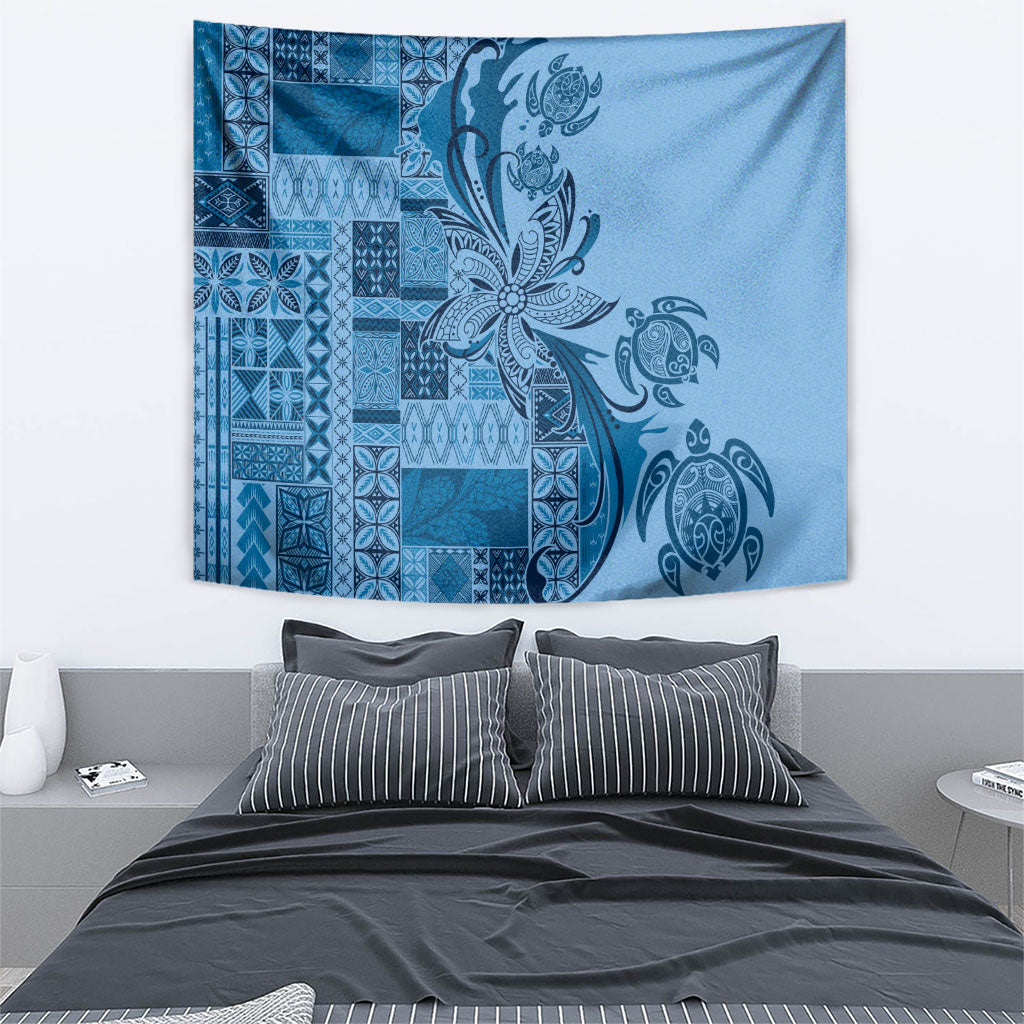 Talofa Samoa Mamanu Siapo Mix Malu Tapestry Cool Blue Frangipani and Turtles