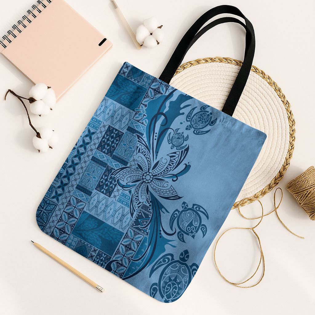 Talofa Samoa Mamanu Siapo Mix Malu Tote Bag Cool Blue Frangipani and Turtles