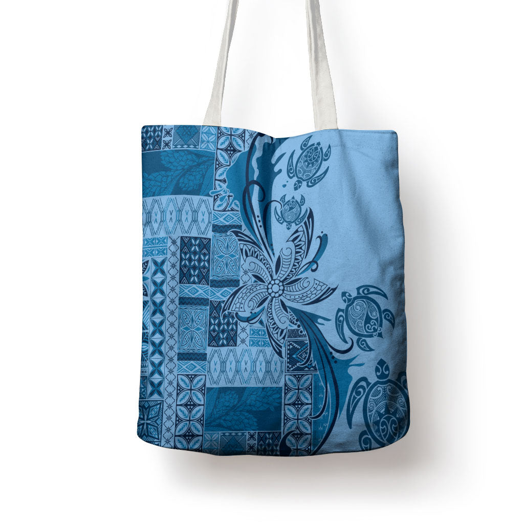 Talofa Samoa Mamanu Siapo Mix Malu Tote Bag Cool Blue Frangipani and Turtles