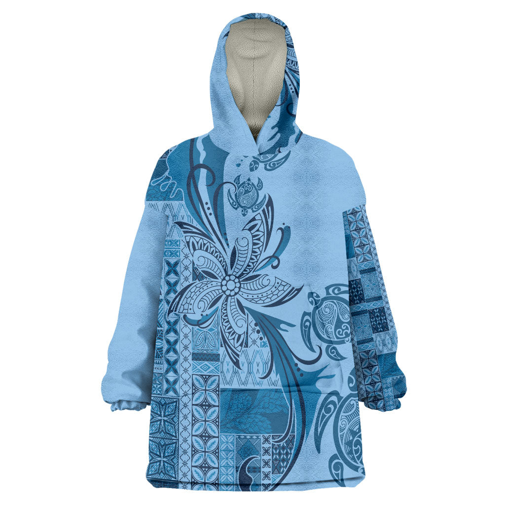 Talofa Samoa Mamanu Siapo Mix Malu Wearable Blanket Hoodie Cool Blue Frangipani and Turtles LT7 One Size Blue - Polynesian Pride
