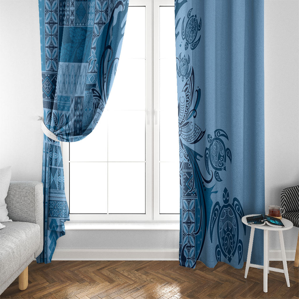Talofa Samoa Mamanu Siapo Mix Malu Window Curtain Cool Blue Frangipani and Turtles