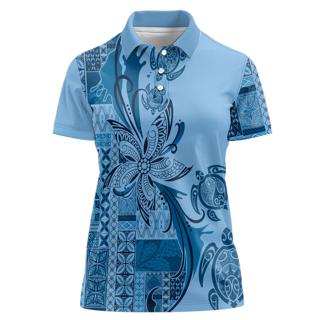 Talofa Samoa Mamanu Siapo Mix Malu Women Polo Shirt Cool Blue Frangipani and Turtles