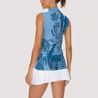 Talofa Samoa Mamanu Siapo Mix Malu Women Sleeveless Polo Shirt Cool Blue Frangipani and Turtles