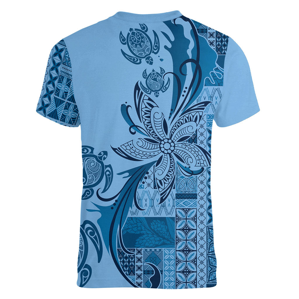Talofa Samoa Mamanu Siapo Mix Malu Women V-Neck T-Shirt Cool Blue Frangipani and Turtles