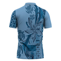 Talofa Samoa Mamanu Siapo Mix Malu Zipper Polo Shirt Cool Blue Frangipani and Turtles LT7 - Polynesian Pride