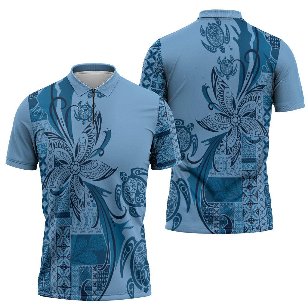 Talofa Samoa Mamanu Siapo Mix Malu Zipper Polo Shirt Cool Blue Frangipani and Turtles LT7 - Polynesian Pride