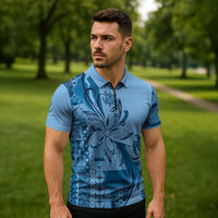 Talofa Samoa Mamanu Siapo Mix Malu Zipper Polo Shirt Cool Blue Frangipani and Turtles LT7 - Polynesian Pride