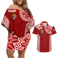 Personalised Tonga Rugby Couples Matching Off Shoulder Short Dress and Hawaiian Shirt Mate Ma'a Tonga Champions LT7 Red - Polynesian Pride