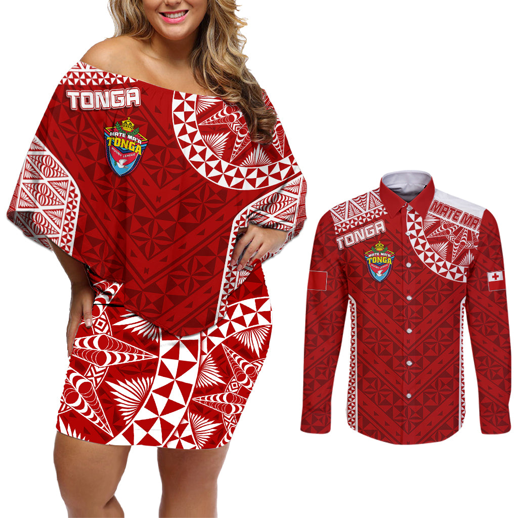 Personalised Tonga Rugby Couples Matching Off Shoulder Short Dress and Long Sleeve Button Shirts Mate Ma'a Tonga Champions LT7 Red - Polynesian Pride