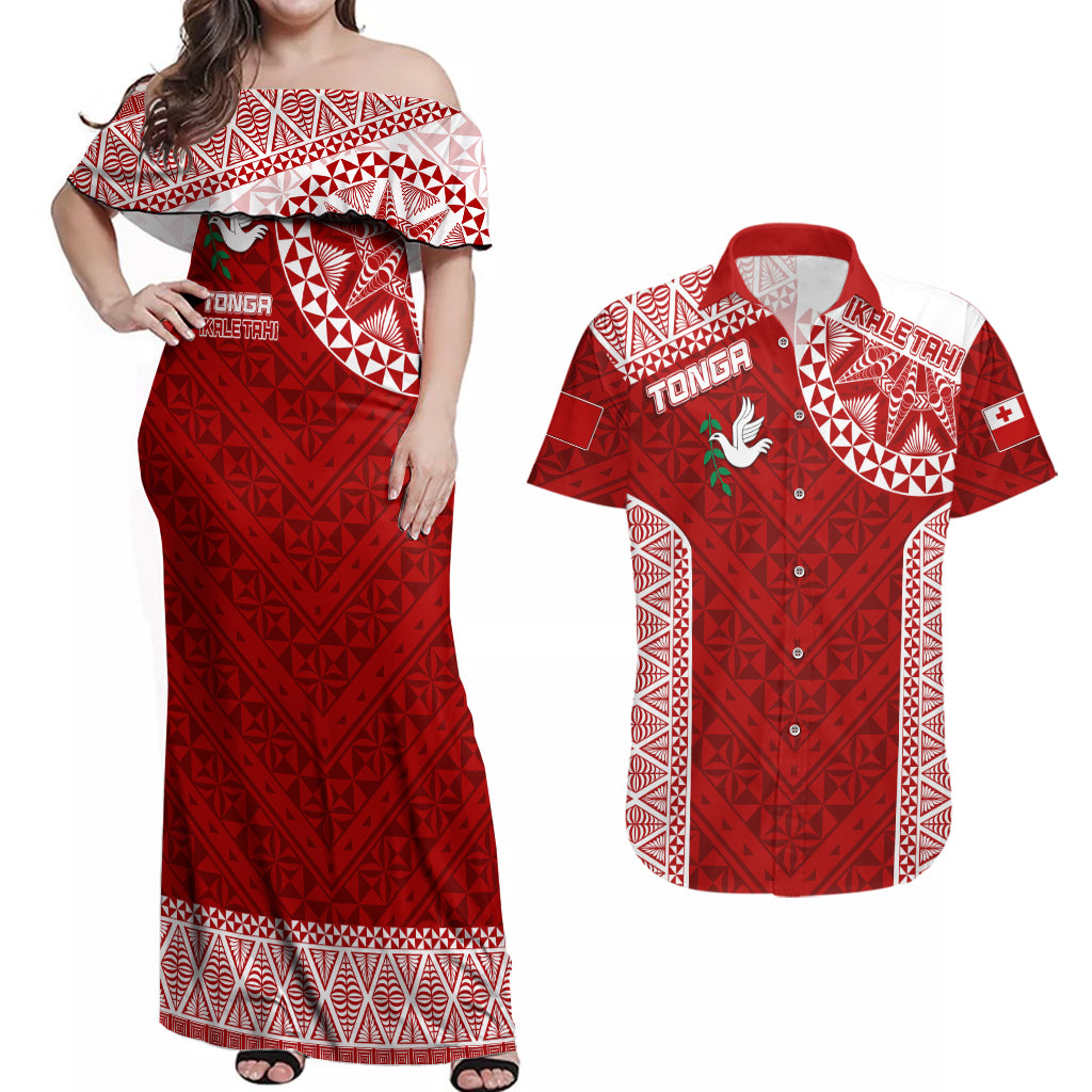 Personalised Tonga Rugby Couples Matching Off Shoulder Maxi Dress and Hawaiian Shirt Ikale Tahi Champions World Cup 2023 LT7 Red - Polynesian Pride