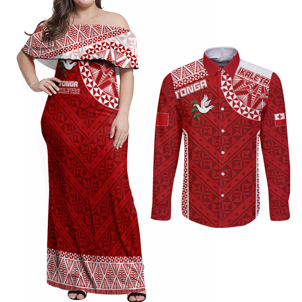 Personalised Tonga Rugby Couples Matching Off Shoulder Maxi Dress and Long Sleeve Button Shirts Ikale Tahi Champions World Cup 2023 LT7 Red - Polynesian Pride