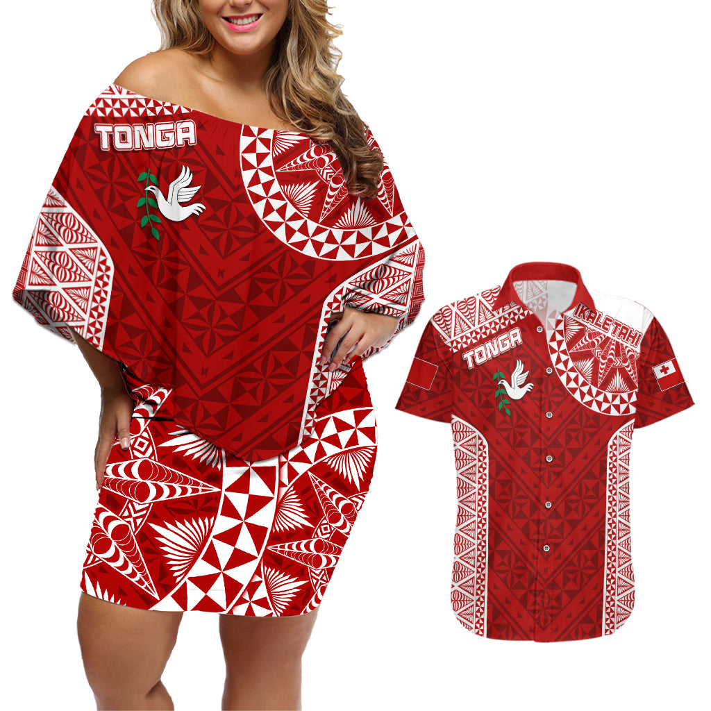 Personalised Tonga Rugby Couples Matching Off Shoulder Short Dress and Hawaiian Shirt Ikale Tahi Champions World Cup 2023 LT7 Red - Polynesian Pride